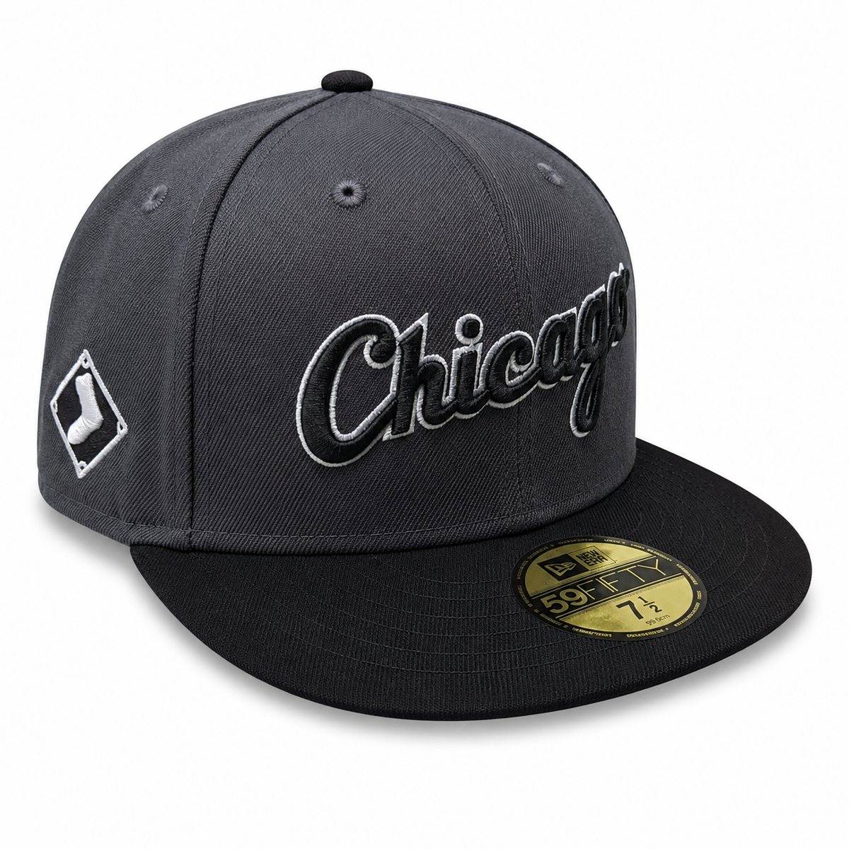 Chicago White Sox Graphite/Black New Era Script 59FIFTY Fitted Hat product image 1, provided for visual reference and