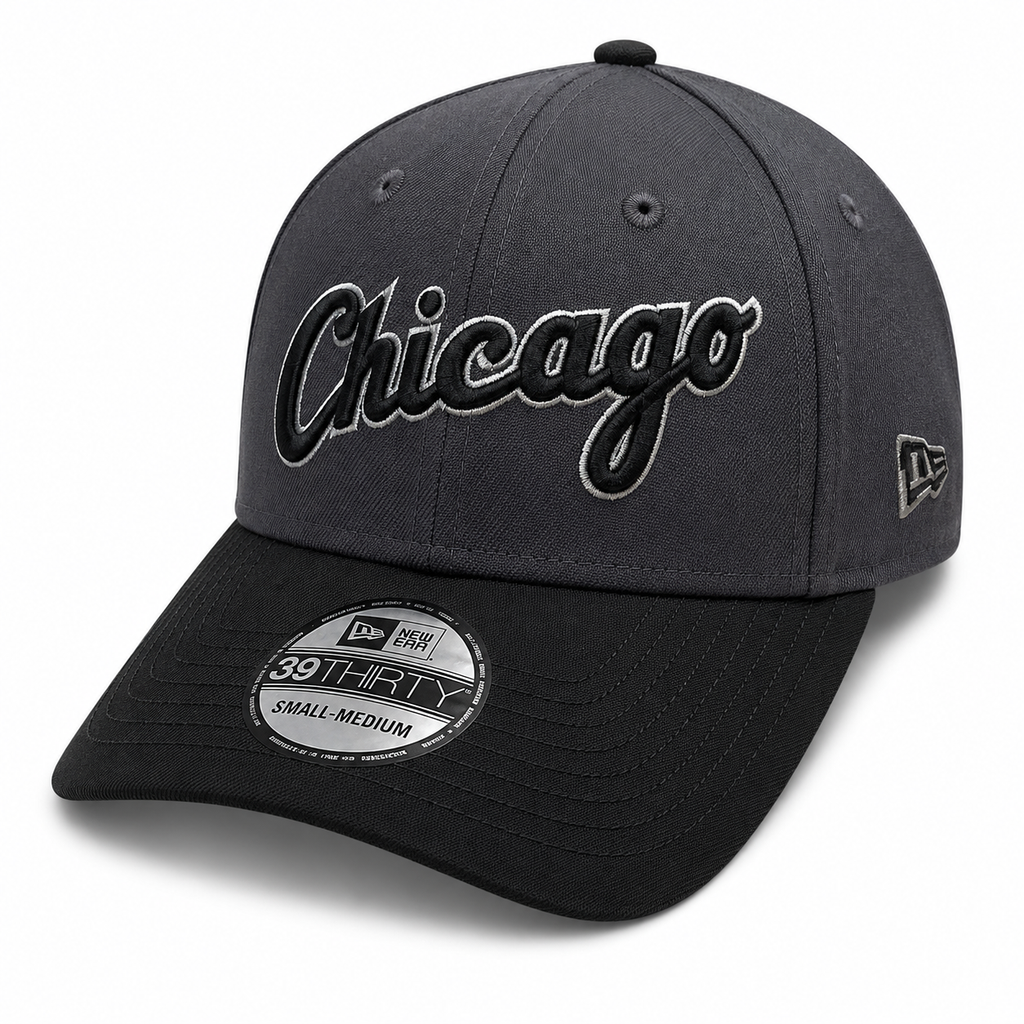 Chicago White Sox New Era Graphite/Black Script 39THIRTY Flex Hat product image 1, provided for visual reference and product