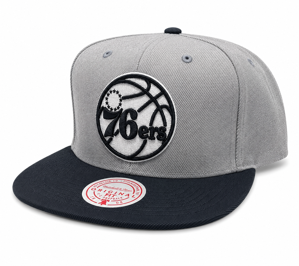 Philadelphia 76ers Mitchell & Ness Gray Black Pop Snapback Hat product image 1, provided for visual reference and product