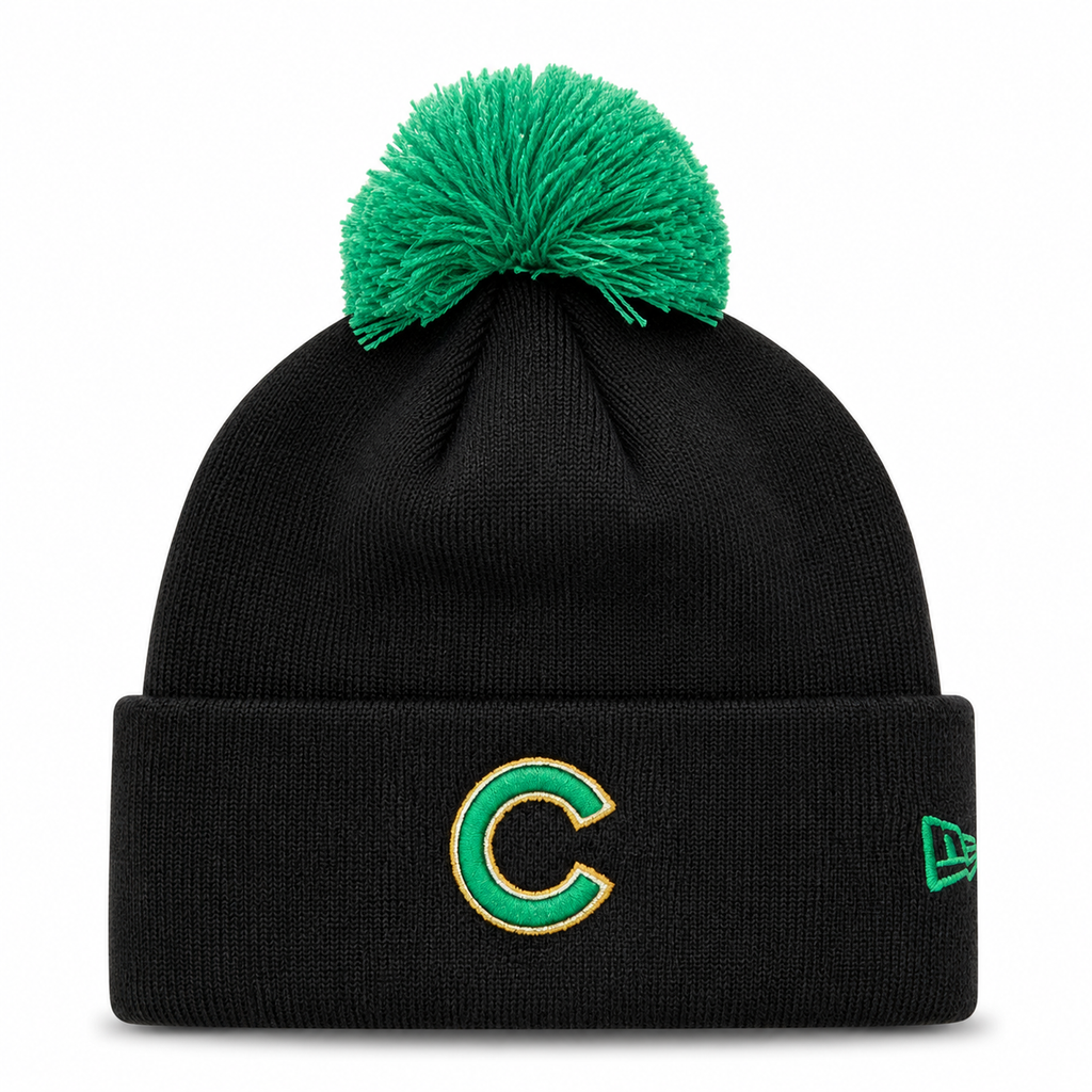 Chicago Cubs New Era Black St. Patrick's Day Cuffed Knit Hat with Pom product image 1, provided for visual reference and