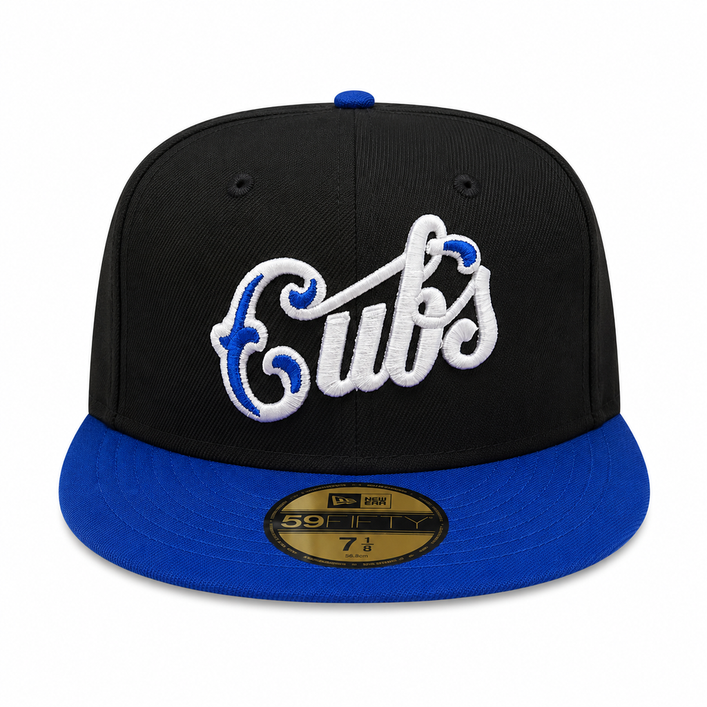 Chicago Cubs New Era Black/Royal Script 59FIFTY Fitted Hat product image 2, provided for visual reference and product detail