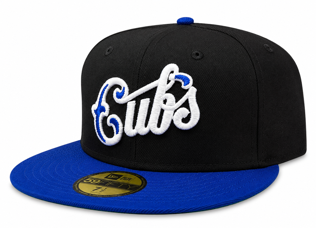 Chicago Cubs New Era Black/Royal Script 59FIFTY Fitted Hat product image 1, provided for visual reference and product detail