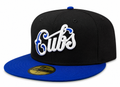 Chicago Cubs New Era Black/Royal Script 59FIFTY Fitted Hat product image 1, provided for visual reference and product detail