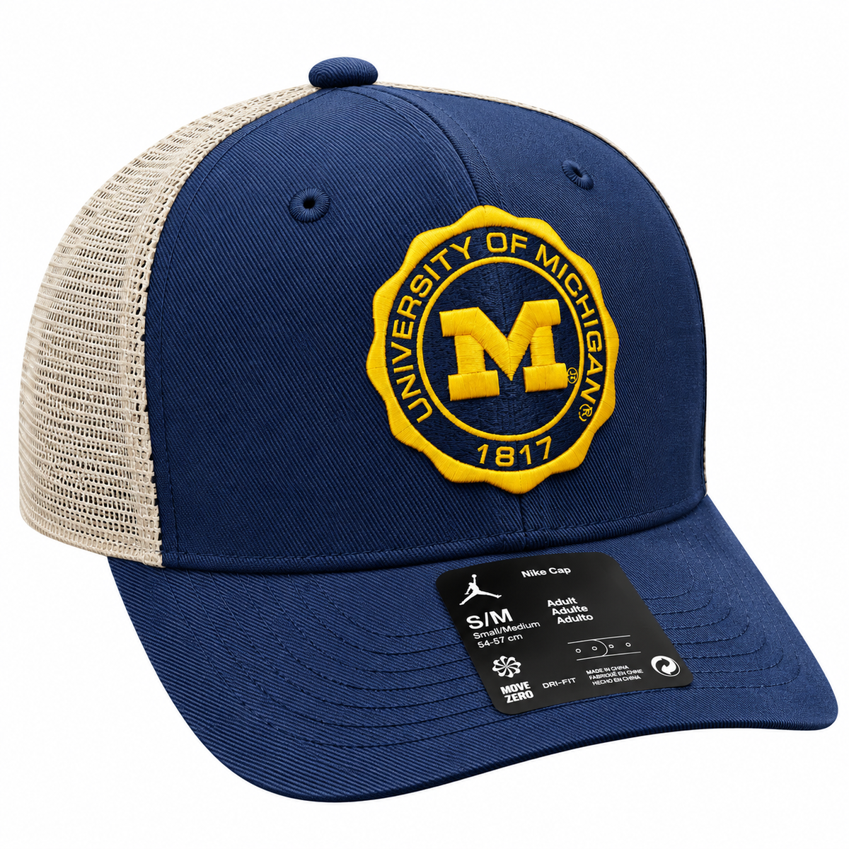 Michigan Wolverines Nike Navy Rise Trucker Crest Adjustable Hat product image 1, provided for visual reference and product