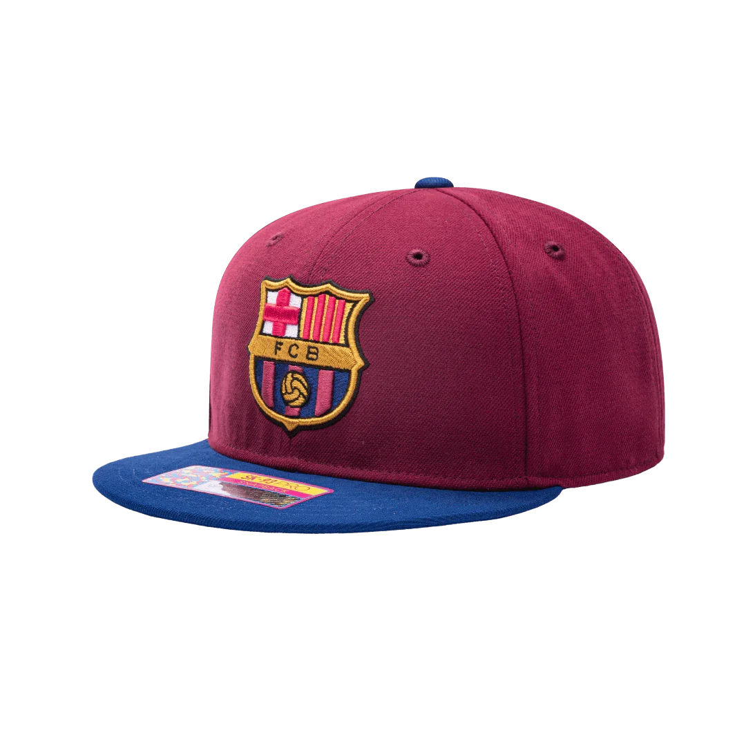 Barcelona FC Team 2 Tone Burgundy /Blue Snapback Hat product image 1, provided for visual reference and product detail review