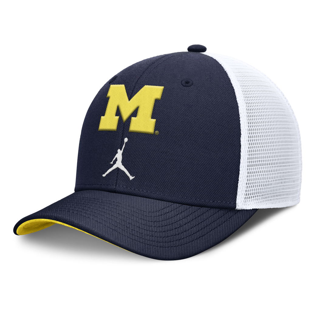 Michigan Wolverines Jordan Brand Rise Navy Adjustable Snapback Trucker Hat product image 1, provided for visual reference
