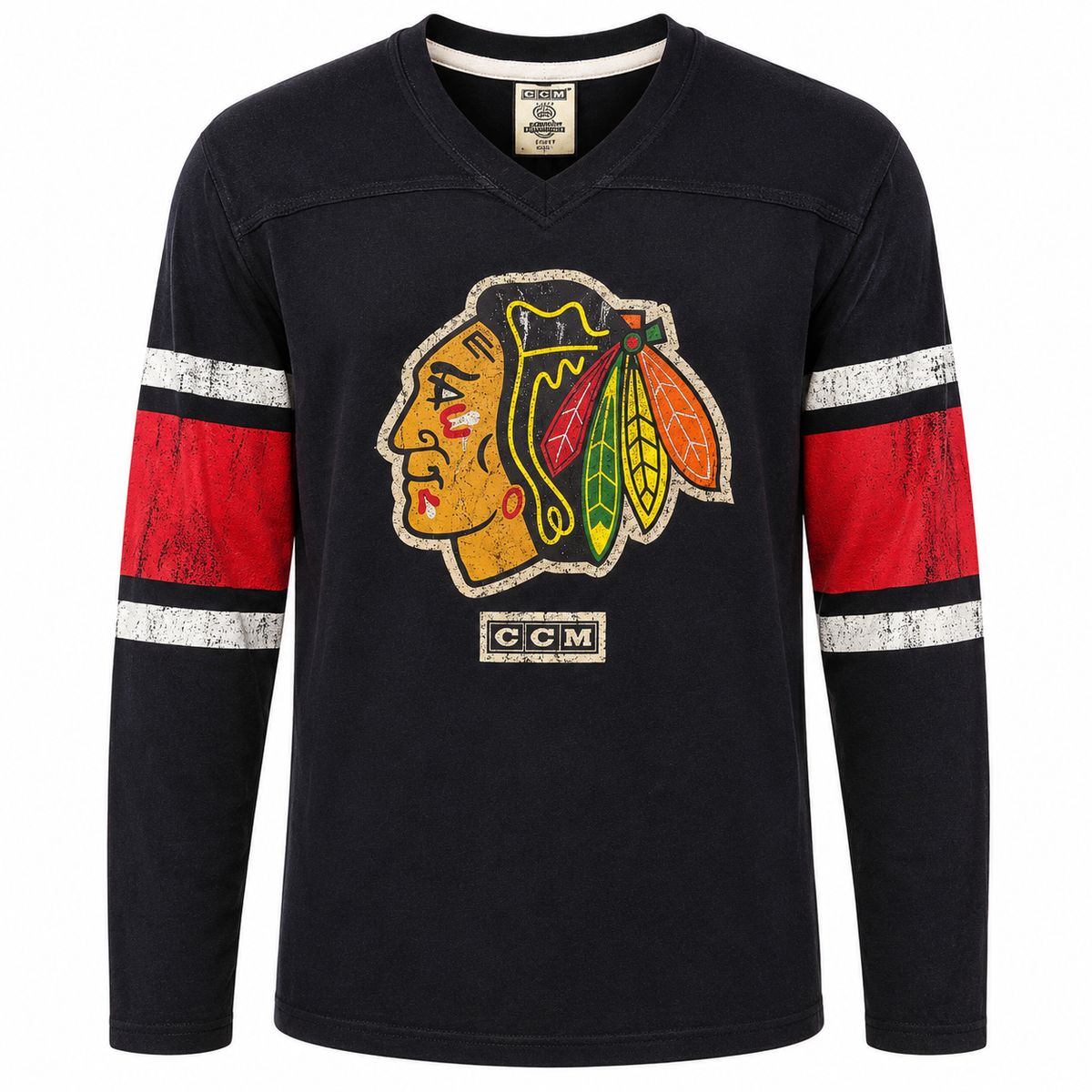 Youth Chicago Blackhawks CCM Black Patched Logo Long Sleeve T-Shirt product image 1, provided for visual reference and