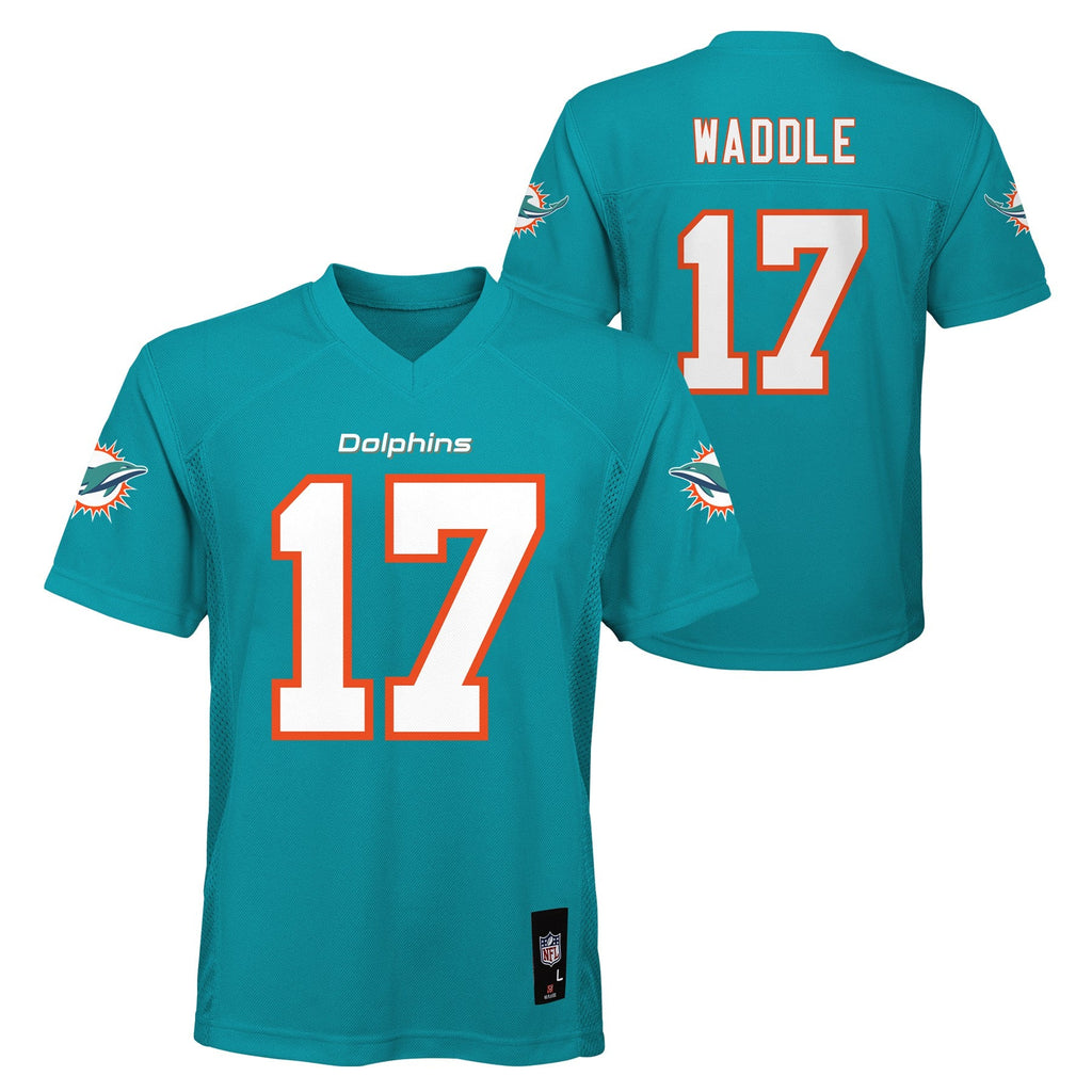 Jalen Waddle Miami Dolphins Youth Replica Mid Tier Player Jersey - Teal product image 1, provided for visual reference and