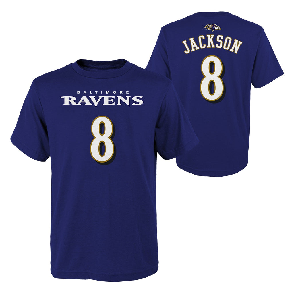 Youth Baltimore Ravens Lamar Jackson Purple Mainliner Player Name & Number T-Shirt product image 1, provided for visual