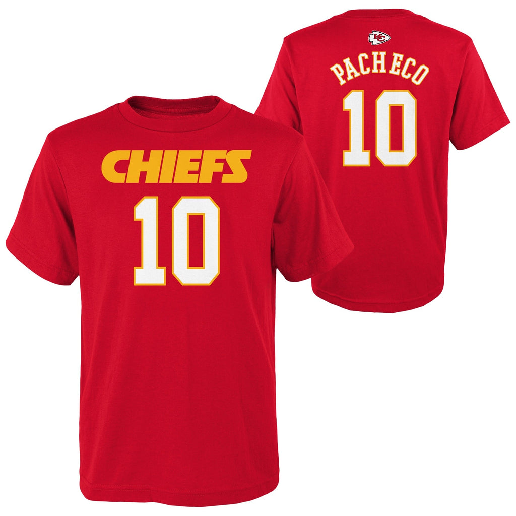 Youth Kansas City Chiefs Isiah Pacheco Red Mainliner Player Name & Number T-Shirt product image 1, provided for visual