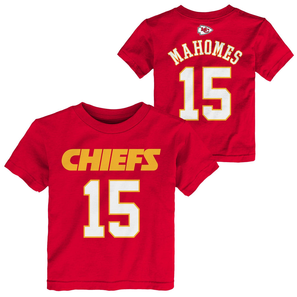 Toddler Patrick Mahomes Kansas City Chiefs Red Mainliner Player Name and Number Shirt product image 1, provided for visual