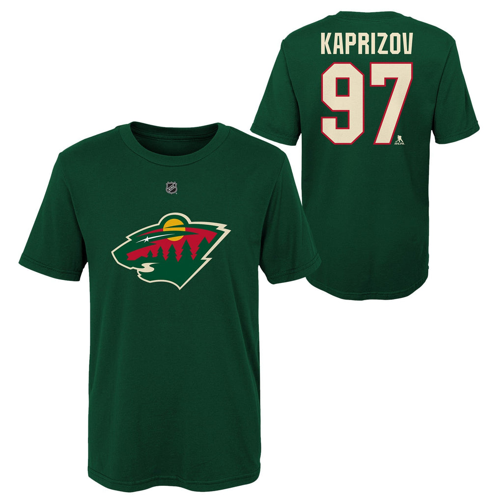 Youth Minnesota Wild Kirill Kaprizov Green Player Name & Number T-Shirt product image 1, provided for visual reference and