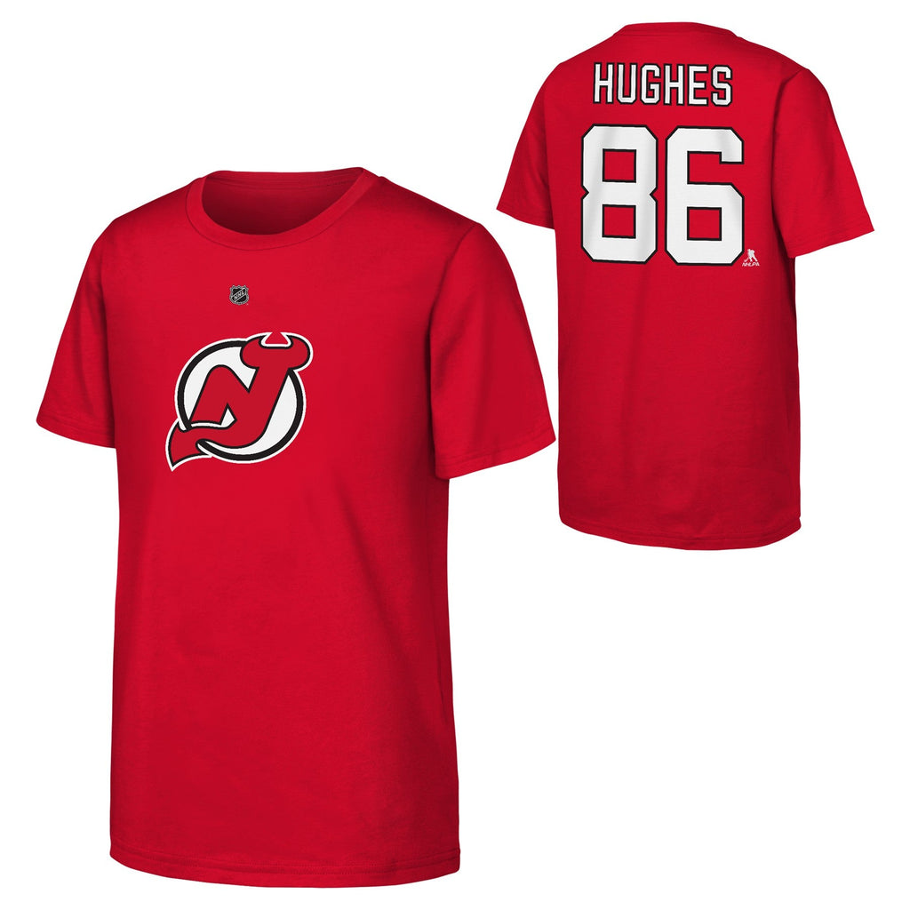 Youth New Jersey Devils Jack Hughes Red Player Name & Number T-Shirt product image 1, provided for visual reference and
