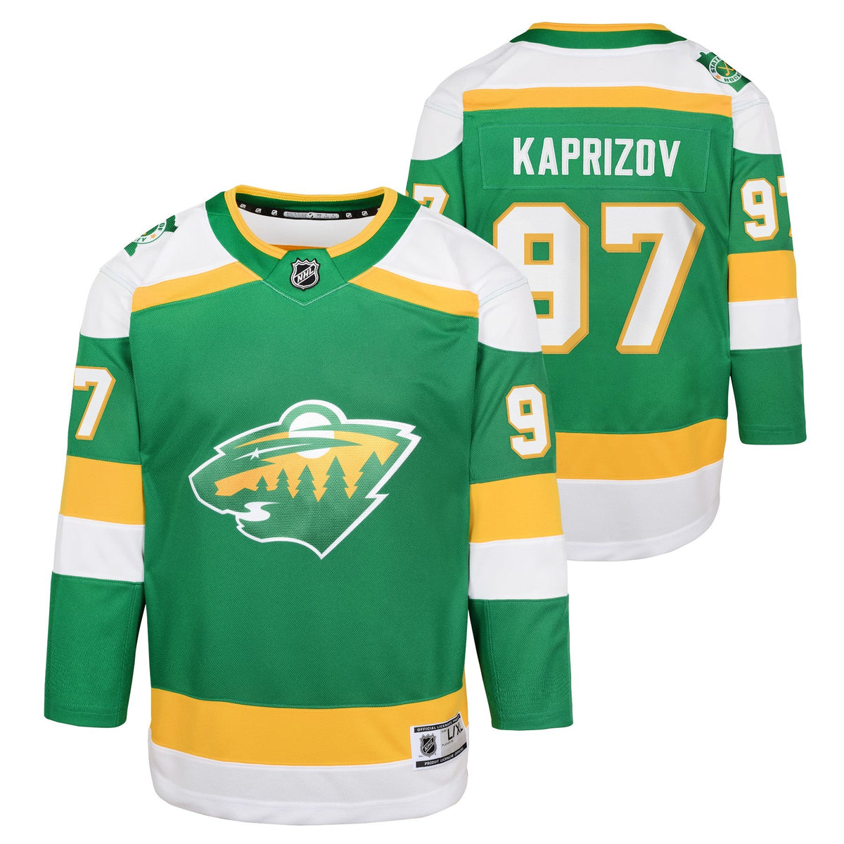 Youth Kirill Kaprizov Minnesota Wild Green Alternate Premier Jersey product image 1, provided for visual reference and
