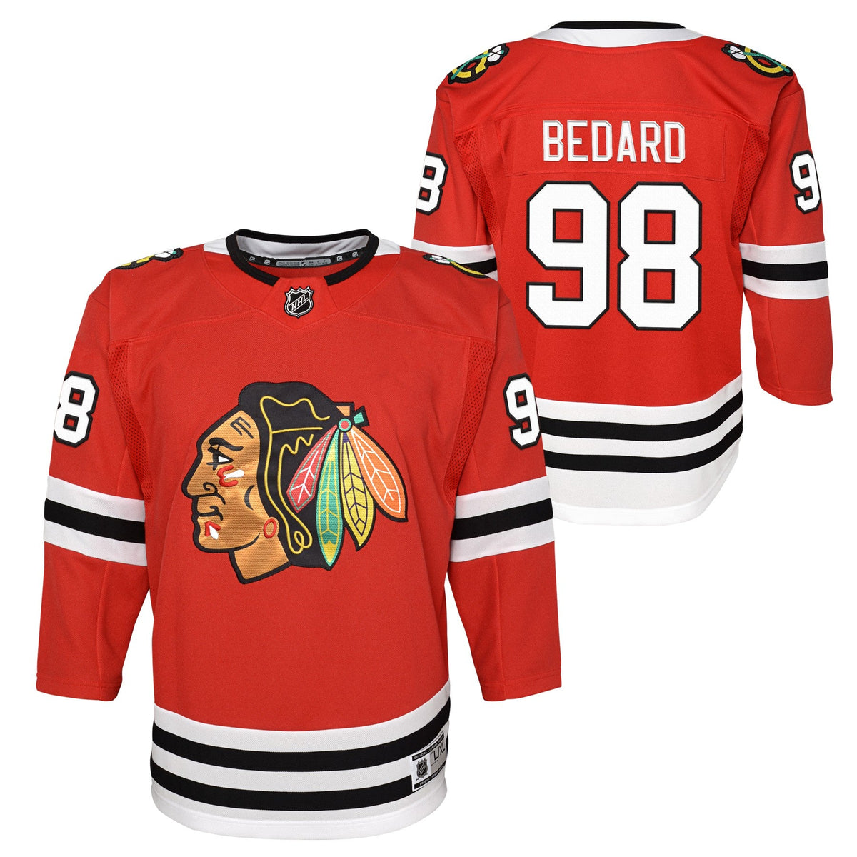 Youth Connor Bedard Chicago Blackhawks Red Home NHL Premier Jersey product image 1, provided for visual reference and