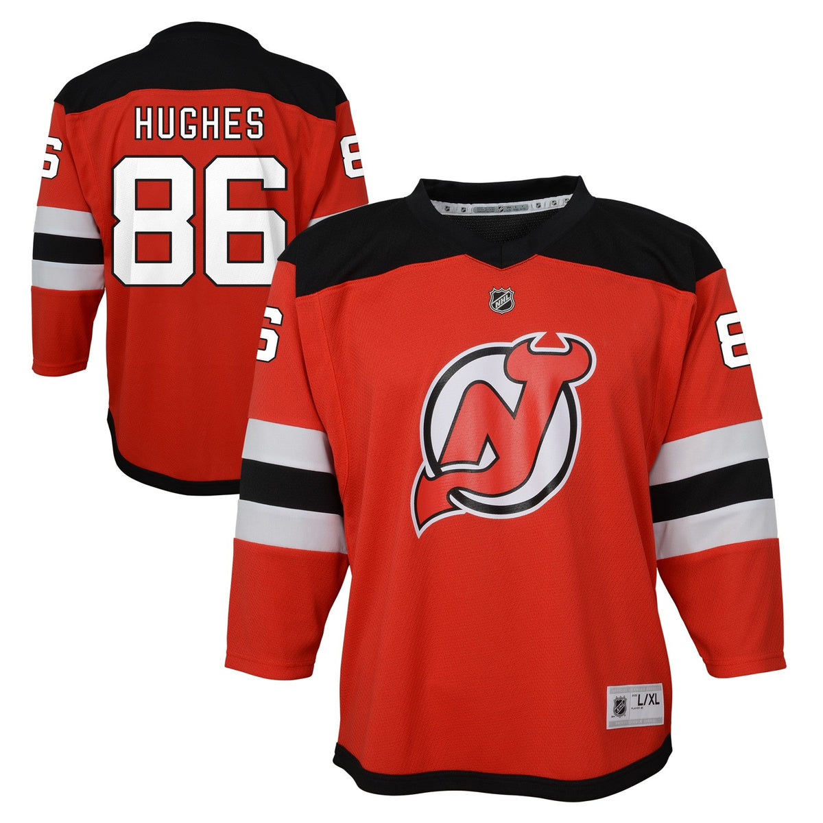 Youth New Jersey Devils Jack Hughes Red Home Premier Player Jersey product image 1, provided for visual reference and