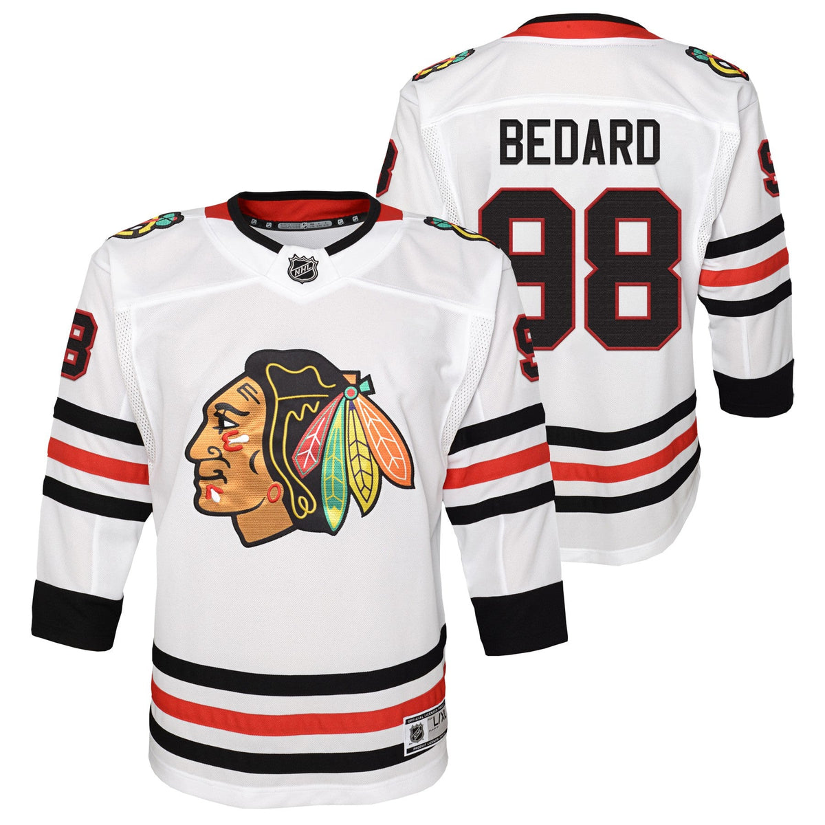 Youth Connor Bedard Chicago Blackhawks White Road NHL Premier Jersey product image 1, provided for visual reference and