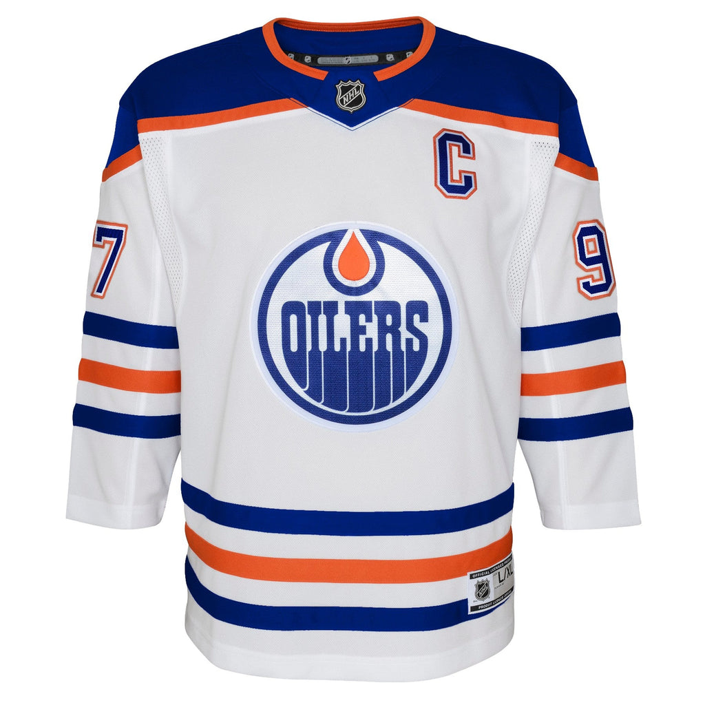 Youth Edmonton Oilers Connor McDavid Road Premier Jersey-White product image 2, provided for visual reference and product