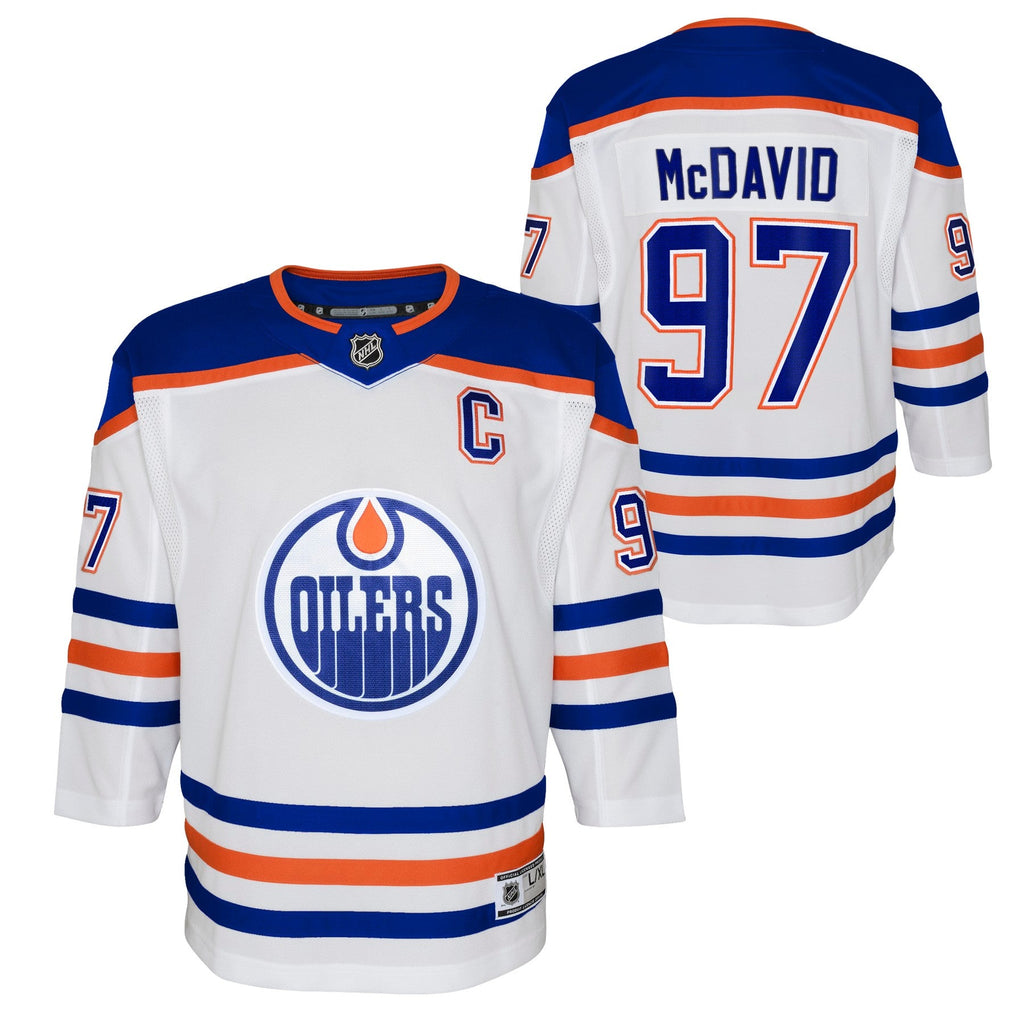 Youth Edmonton Oilers Connor McDavid Road Premier Jersey-White product image 1, provided for visual reference and product
