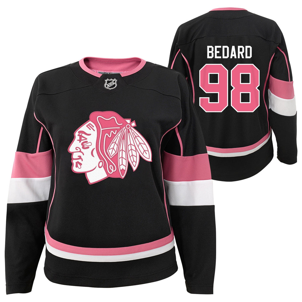 Youth Connor Bedard Chicago Blackhawks Girls Black/Pink Fashion Jersey product image 1, provided for visual reference and