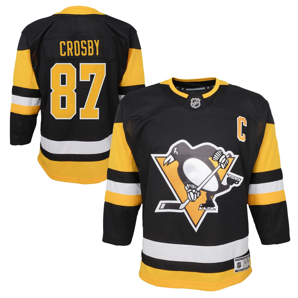 Youth Sidney Crosby Pittsburgh Penguins Black Home Premier Jersey product image 1, provided for visual reference and product