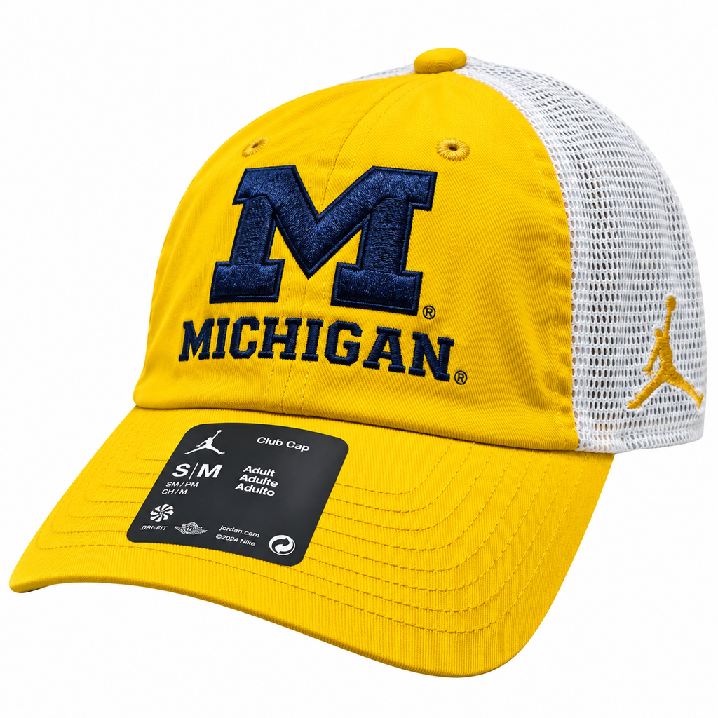Michigan Wolverines Nike Yellow Club Jumpman Unstructured Adjustable Trucker Hat product image 1, provided for visual