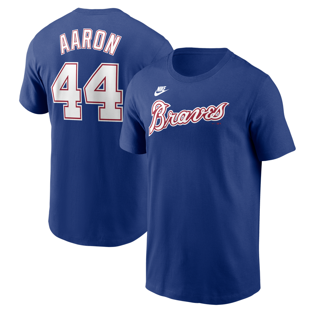 Hank Aaron Atlanta Braves Nike Royal Blue Name and Number T-Shirt for Men product image 1, provided for visual reference and
