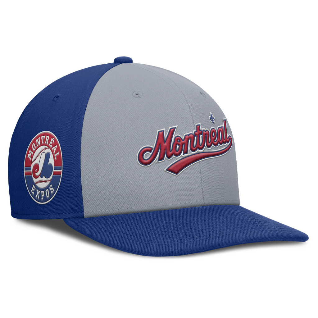 Montreal Expos Nike Gray/Royal Dri-Fit Pro Snapback Hat product image 1, provided for visual reference and product detail