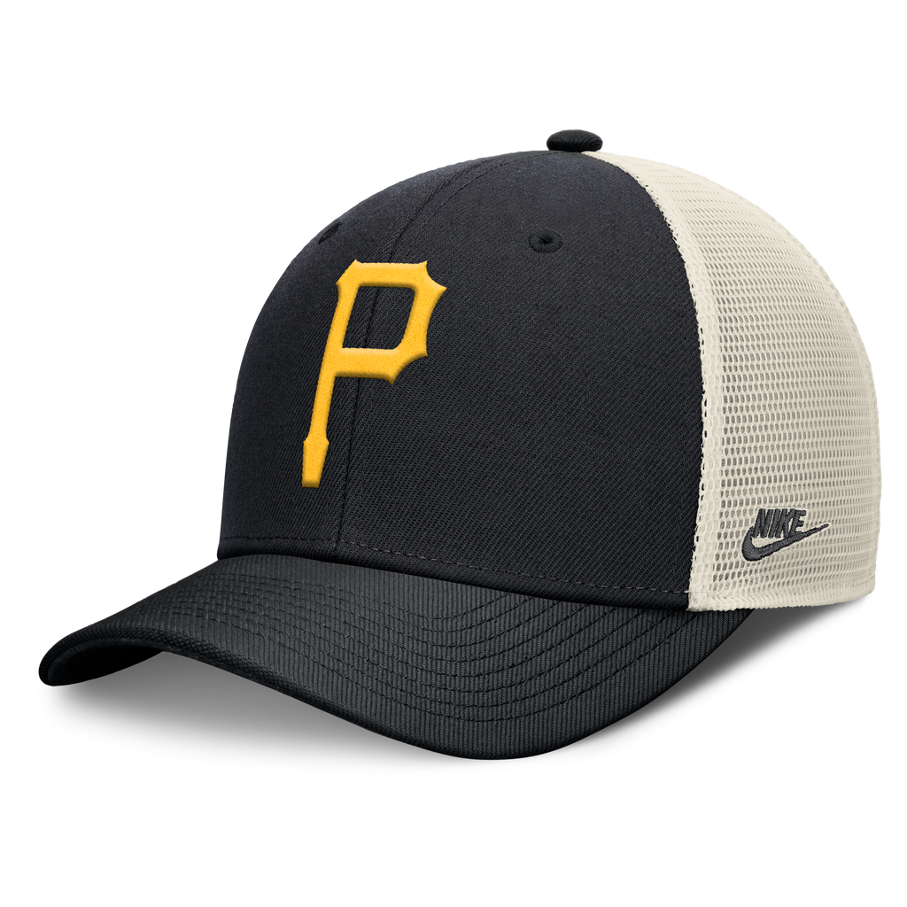 Pittsburgh Pirates Nike Rise Black Adjustable Snapback Trucker Hat product image 1, provided for visual reference and