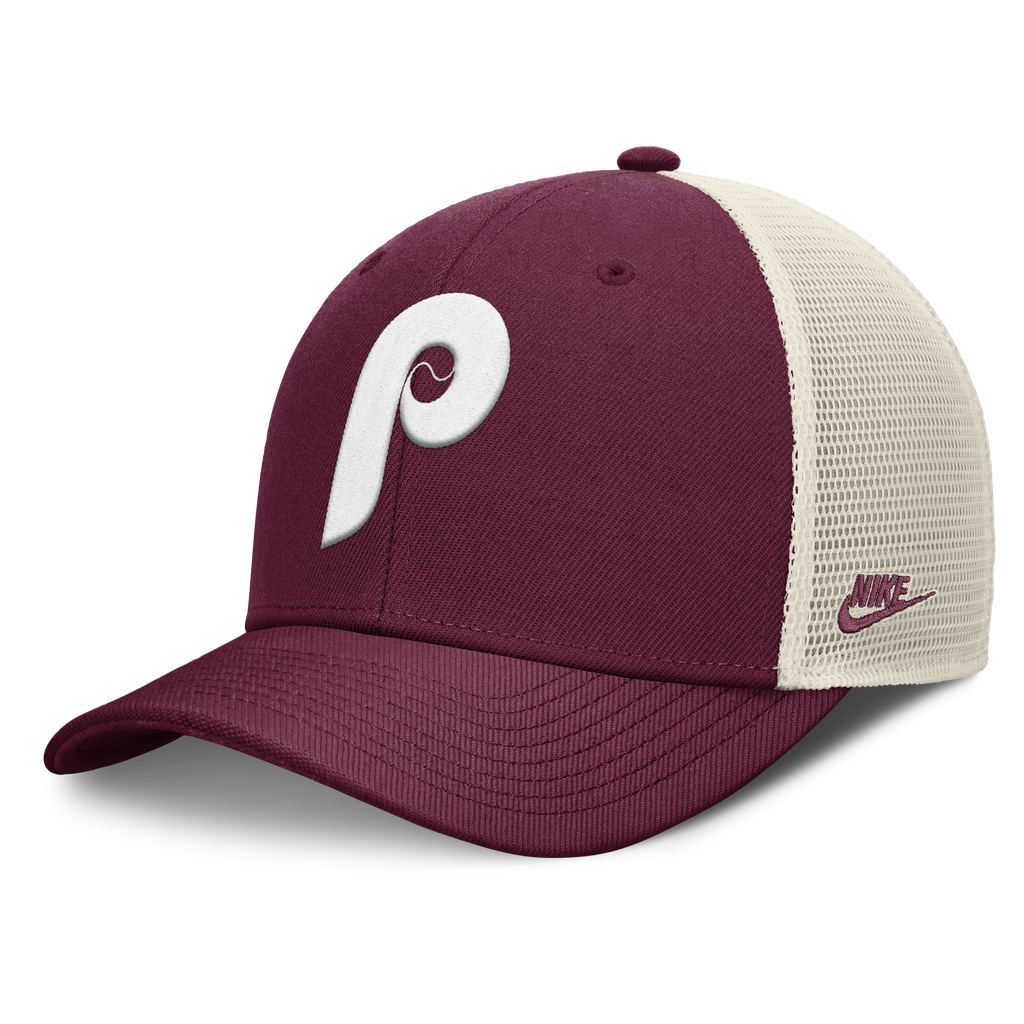 Philadelphia Phillies Nike Rise Maroon Adjustable Snapback Trucker Hat product image 1, provided for visual reference and