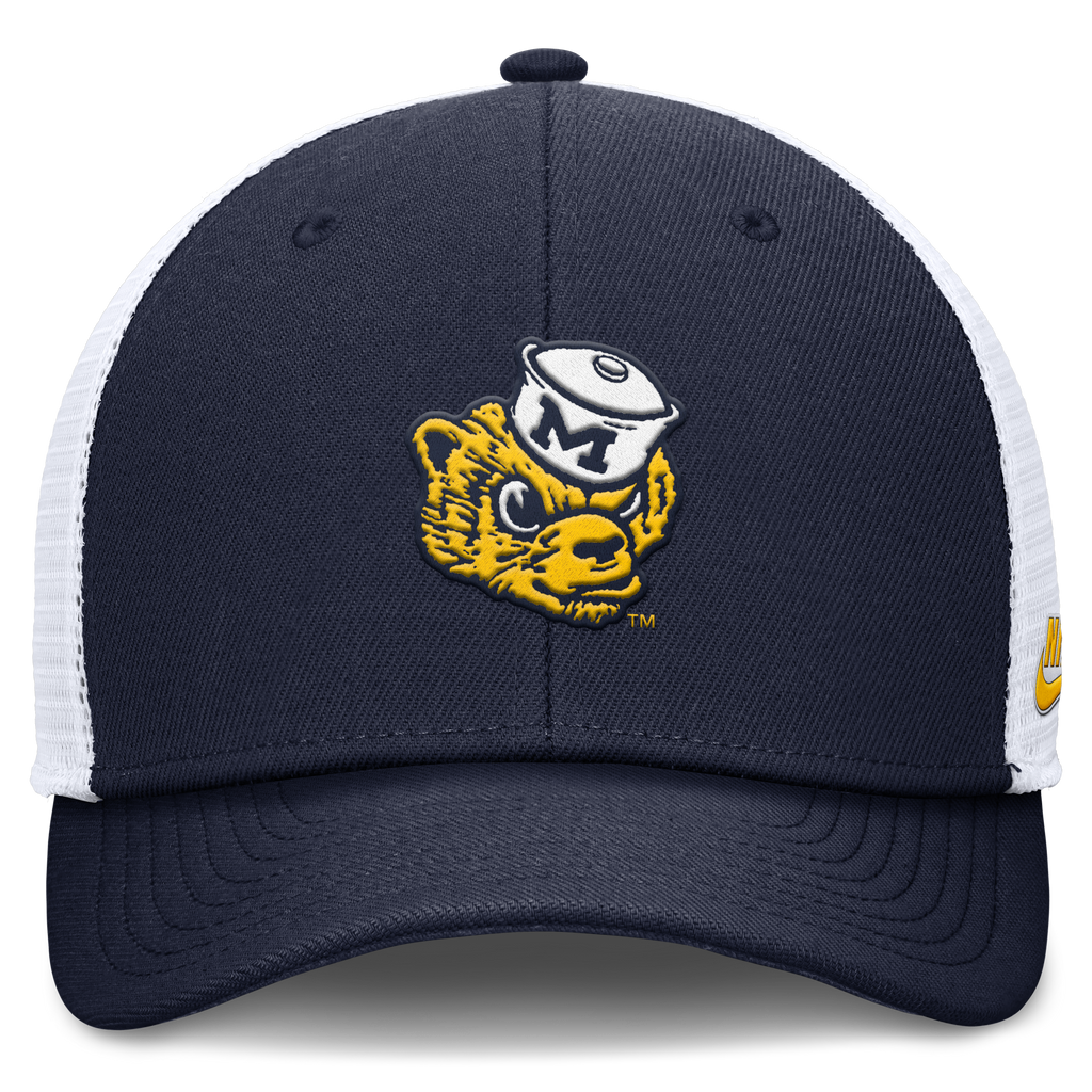 Michigan Wolverines Jumpman Club Navy Mascot Adjustable Snapback Trucker Hat product image 2, provided for visual reference