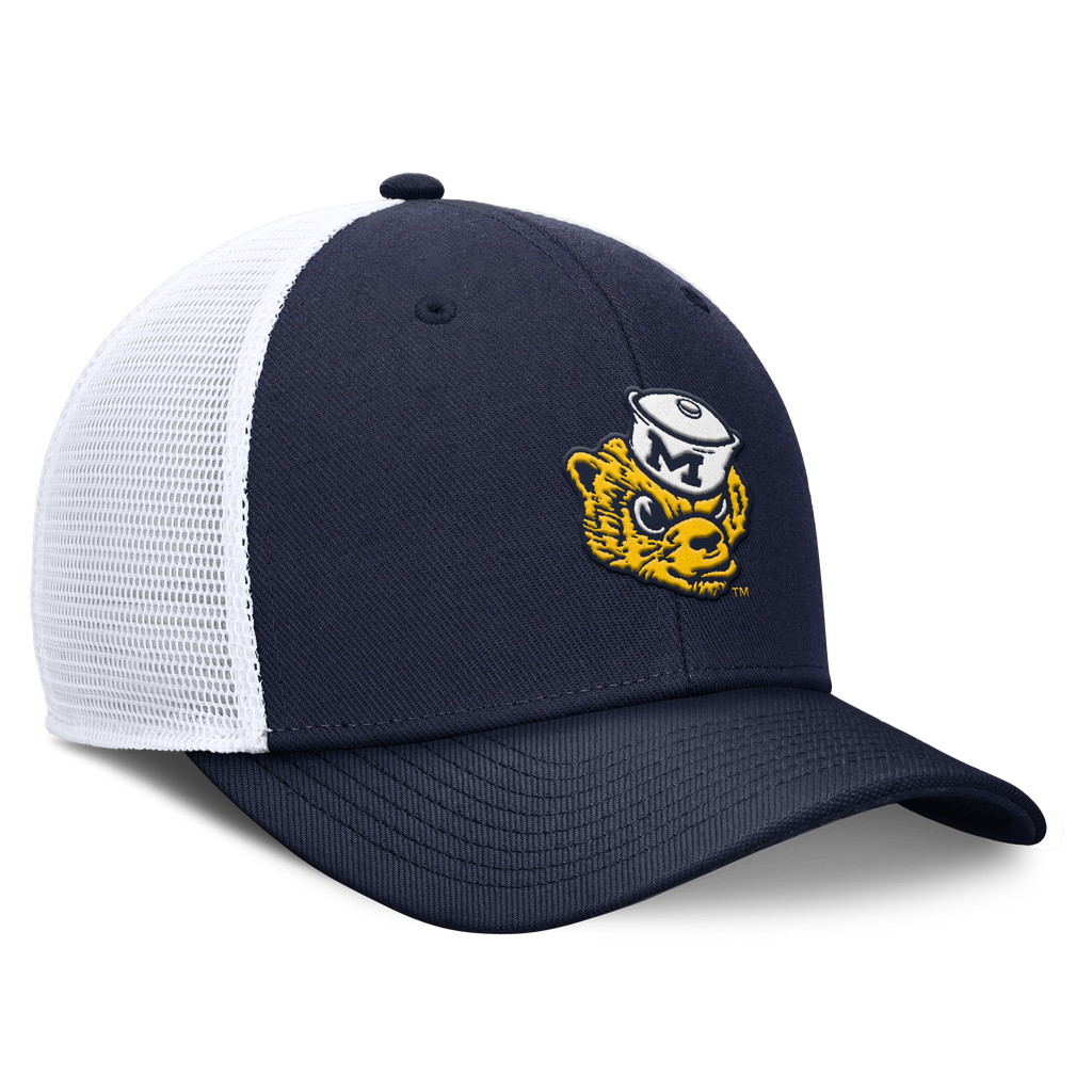 Michigan Wolverines Jumpman Club Navy Mascot Adjustable Snapback Trucker Hat product image 3, provided for visual reference