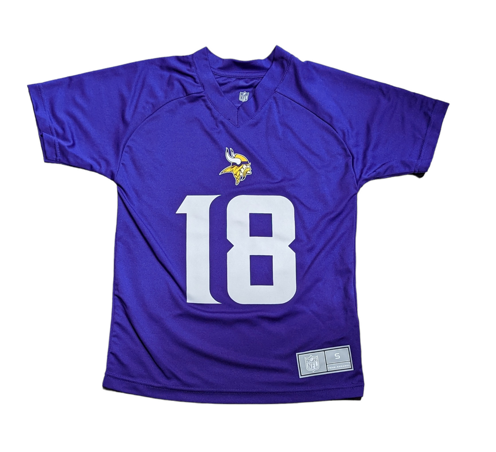 Youth Justin Jefferson Minnesota Vikings Purple Performance Jersey T-Shirt product image 1, provided for visual reference