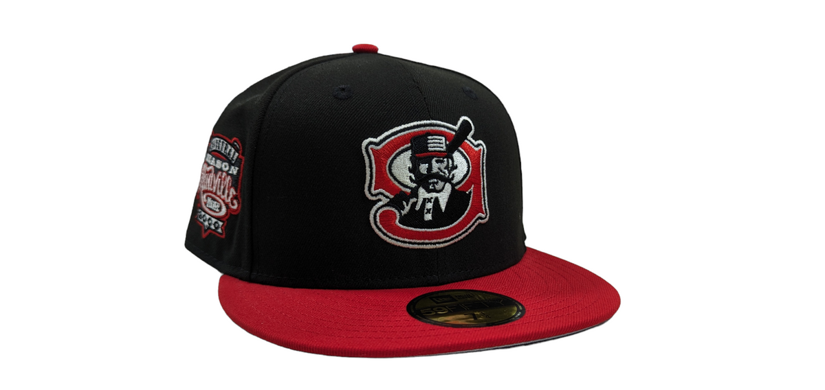 Mudville 9 MILB 2 Tone Black/Red Centerfield New Era 59FIFTY Fitted Hat product image 1, provided for visual reference and
