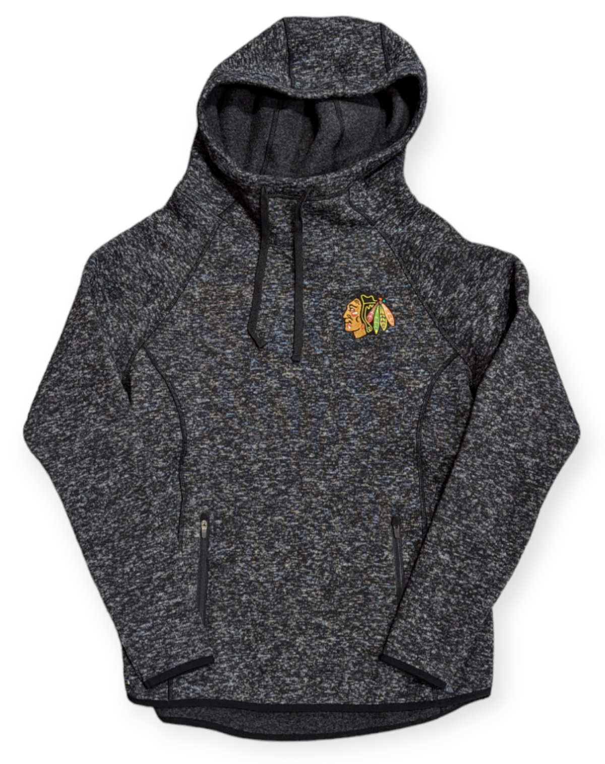 Chicago Blackhawks Antigua Heathered Black Recruit Pullover Sweater for Women product image 1, provided for visual reference