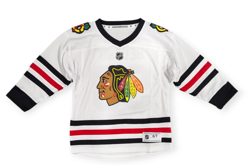 Kids Connor Bedard Chicago Blackhawks White Away Replica Child Jersey product image 2, provided for visual reference and