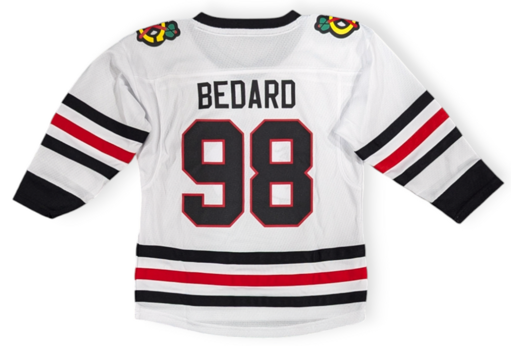 Kids Connor Bedard Chicago Blackhawks White Away Replica Child Jersey product image 1, provided for visual reference and