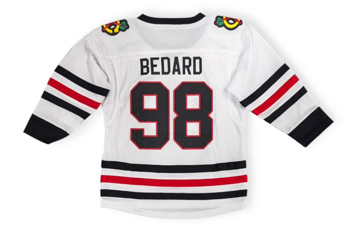 Infant Connor Bedard Chicago Blackhawks White Away Replica Jersey product image 1, provided for visual reference and product