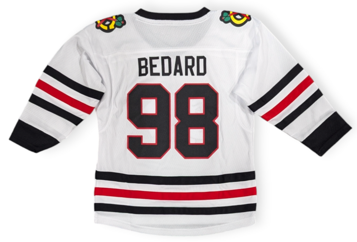 Toddler Connor Bedard Chicago Blackhawks White Away Replica Jersey product image 1, provided for visual reference and