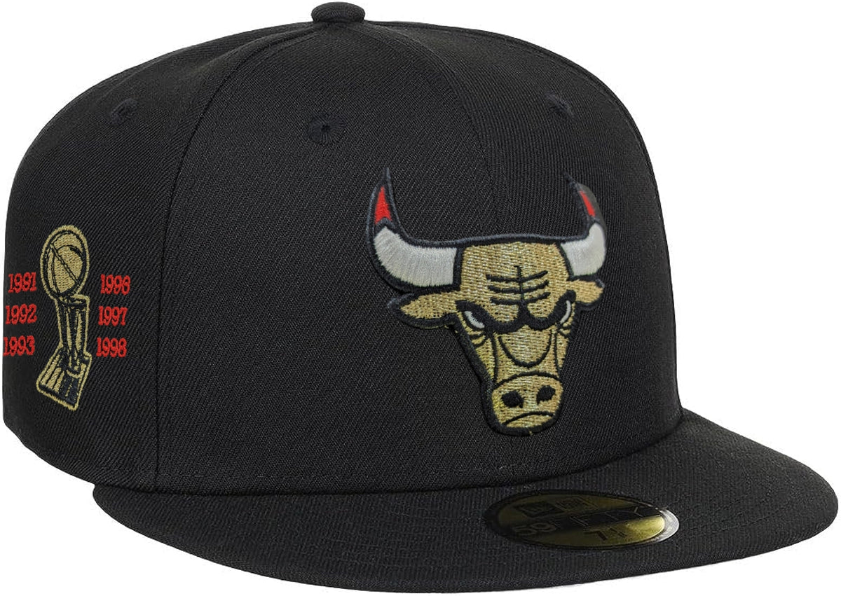 Chicago Bulls New Era Black University Gold 59FIFTY Fitted Hat for Men product image 1, provided for visual reference and