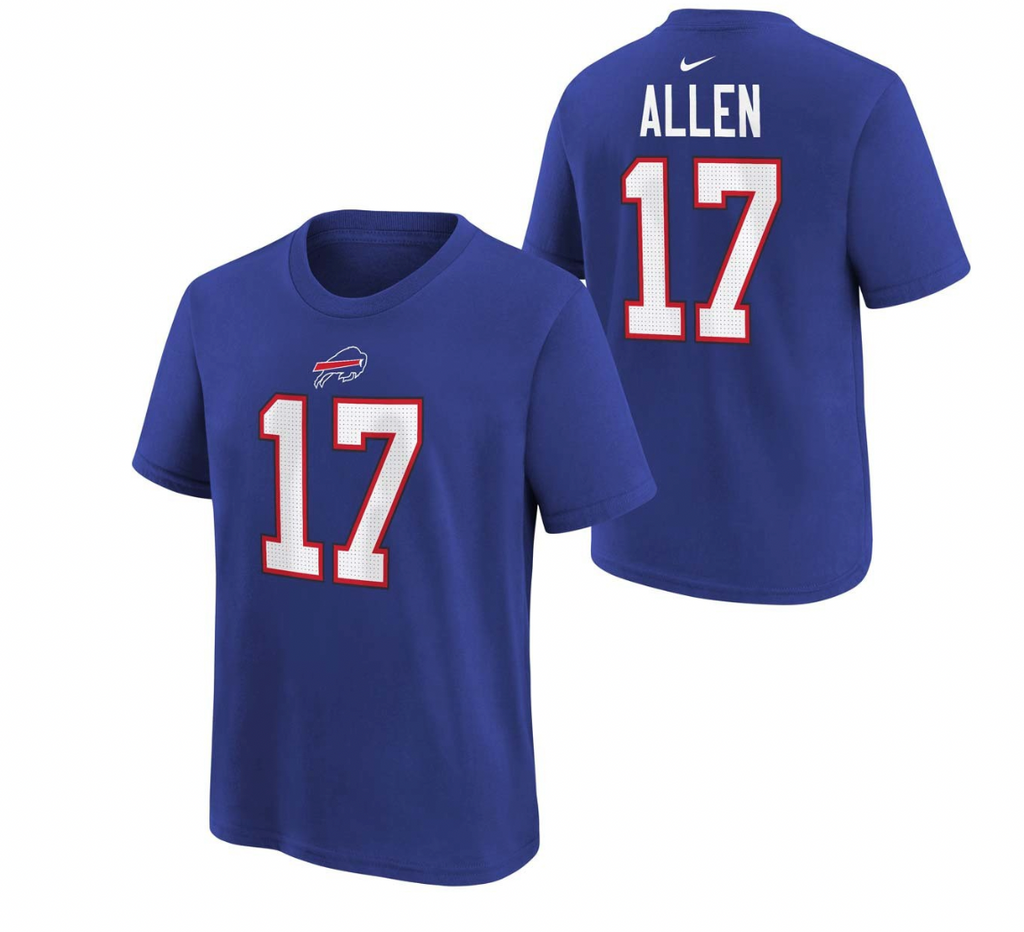 Youth Buffalo Bills Josh Allen Nike Blue FUSE Name & Number T-Shirt product image 1, provided for visual reference and