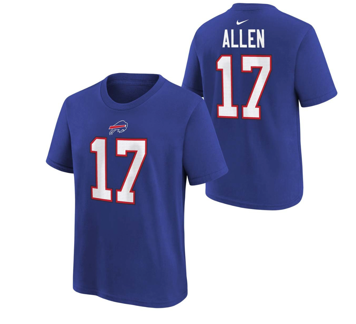 Youth Buffalo Bills Josh Allen Nike Blue FUSE Name & Number T-Shirt product image 1, provided for visual reference and