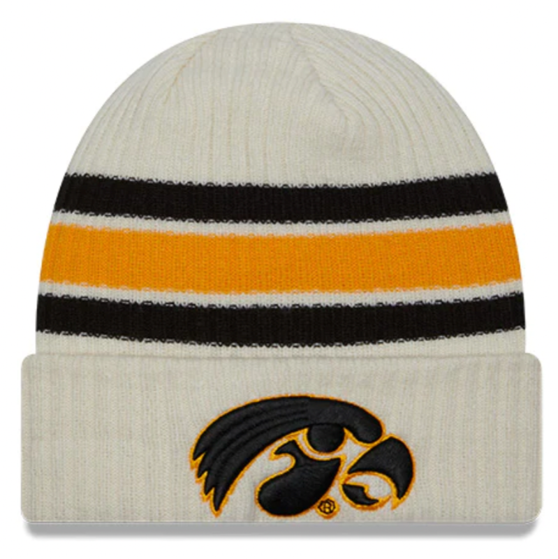 Iowa Hawkeyes New Era Off White Vintage Cuffed Knit Hat for Men product image 1, provided for visual reference and product