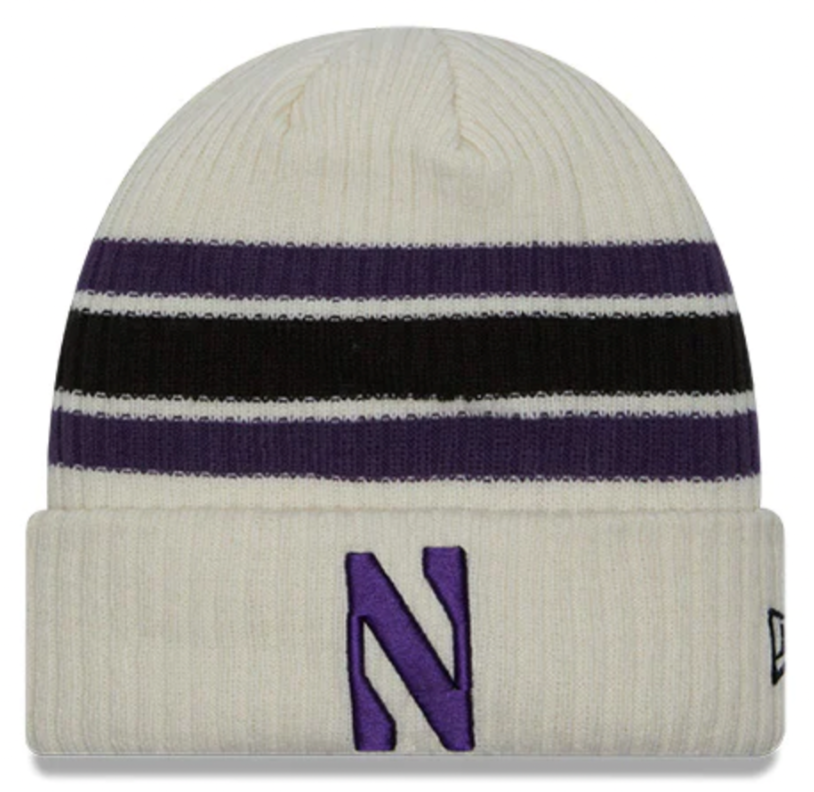 Northwestern Wildcats New Era Off White Vintage Cuffed Knit Hat for Men product image 1, provided for visual reference and