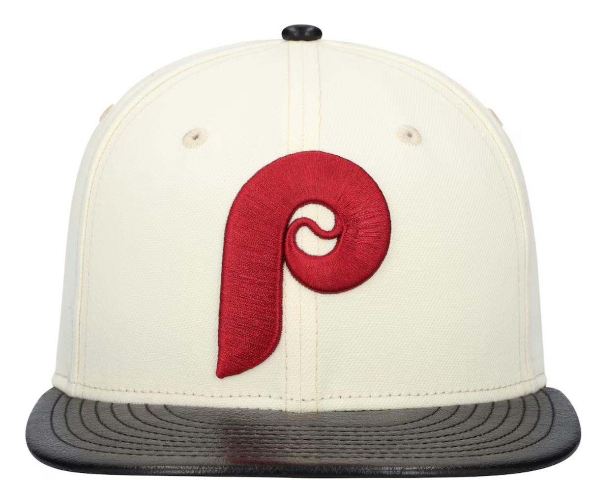 Philadelphia Phillies Cooperstown Collection Cream/Black Leather Visor New Era 59FIFTY Fitted Hat product image 2, provided