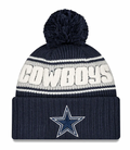 Dallas Cowboys New Era 2024 NFL Sideline Navy Cuffed Pom Knit Hat product image 1, provided for visual reference and product