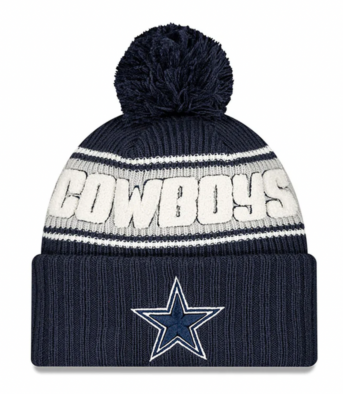 Dallas Cowboys New Era 2024 NFL Sideline Navy Cuffed Pom Knit Hat product image 1, provided for visual reference and product