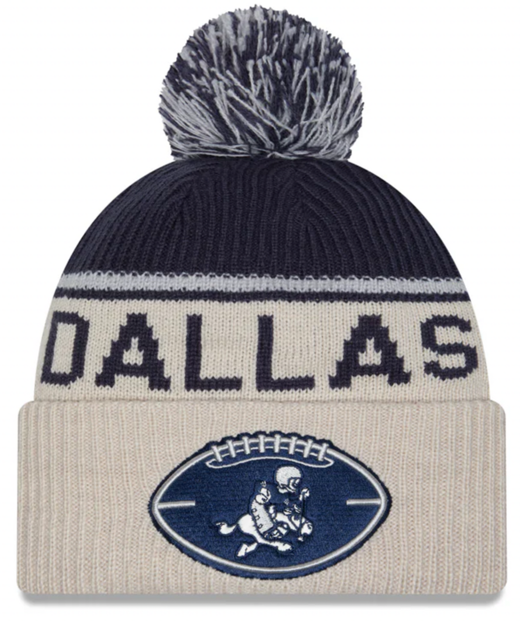 Dallas Cowboys New Era 2024 NFL Sideline Historic Stone/ Navy Cuffed Pom Knit Hat product image 1, provided for visual