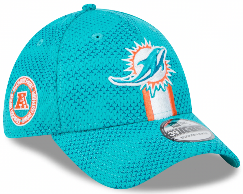 Miami Dolphins New Era 2024 Sideline Aqua 39THIRTY Flex Hat for Men product image 1, provided for visual reference and