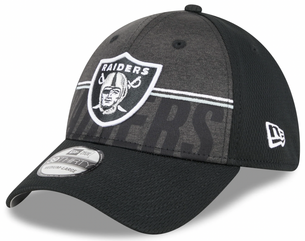 Las Vegas Raiders New Era NFL 2023 Training Camp Black Primary Logo 39THIRTY Flex Fit Hat for Men product image 1, provided